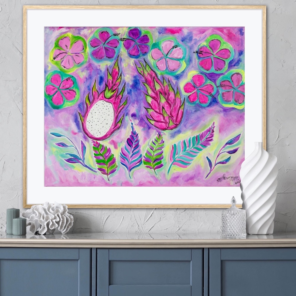 Dragonfruit Hibiscus Fine Art Print Oil Painting beach tropical island decor - Picture 8 of 9